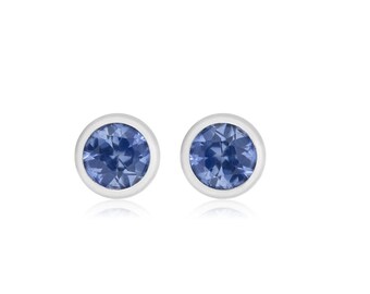 A stunning Genuine Single (1) Blue Sapphire Bezel Stud Earrings width 0.10" White Gold Plated An ideal gift