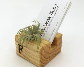 Vertical Business Card Holder , Desk Decor, Office Decor, Desk Organizer With Air Plant, Upcycled, 1 Character Personalized, Air Plant Desk.