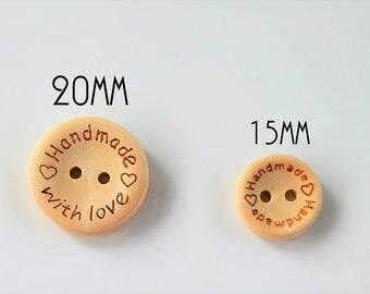 Botones de madera natural Handmade with love 15mm o 20mm - Natural wood buttons- Wooden buttons-Wooden labels and tags-Wooden supplies