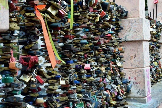 Prague Photography, Prague Wall Decor,Yellow, Blue, Colors,Charles Bridge, Czech Republic, Gothic Prague, Prague, "Love Padlocks in Prague"