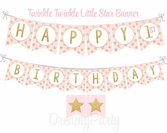 Twinkle Twinkle Little Star Banner, Pink and Gold Happy Birthday Banner, Twinkle Little star First Birthday, Little star Party Decor,Digital