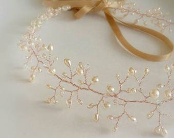 Rose gold hair vine, rose gold circlet, bridal hair vine, rose gold headpiece, rustic bridal headpiece, pearl and crystal hair vine