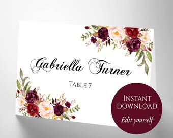 Place Cards, Place Cards Wedding, Place Card Template, PDF Template, DIY Place Cards, Escort Cards, Reserved Seating Card, Marsala Name Card