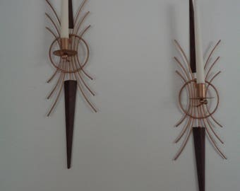 Vintage Retro Mid Century Modern Wall Sconces Candle Holders Brass Plated Steel and Faux Wood Metal