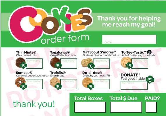 Printable Girl Scout Cookie Order Card 5-6 price point