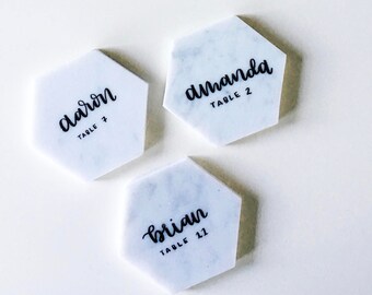 Marble hexagon tile place cards, escort cards, wedding place cards