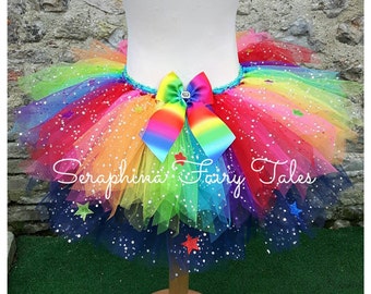 Rainbow Tutu Skirt. Ombre Big Bow with Glitter Stars. Wand Optional. Handmade by Seraphina Fairy Tales
