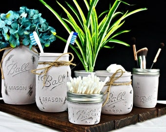 Painted Mason Jars. Mason Jar Bathroom Organizer. Ball Mason Jars. Painted Jars. Toothbrush Holder. Farmhouse Bathroom Decor. Rustic Decor.
