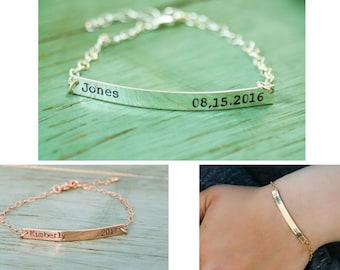 SALE • Personalized Silver Name Bracelet • Gold Name Bracelet • Custom Date Bracelet • Long Bar Date Sterling Name Bar • Bridesmaid Gift