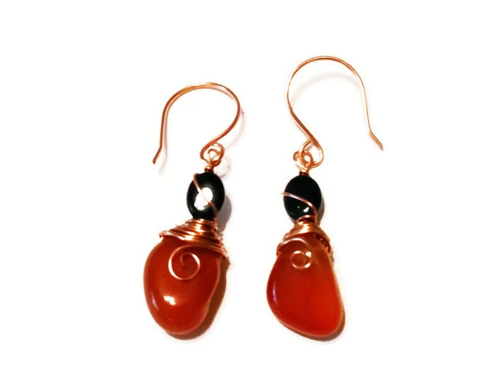 Black and Orange Fire Agate Earrings, Sacral Chakra Jewelry, Gemstone and Copper Earrings, E005