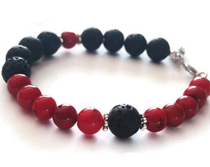 Red Coral and Lava Stone Aromatherapy Bracelet, Unisex Bracelet, Unique Birthday Gift, Diffuser Bracelet