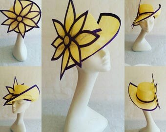 Yellow and purple sinamat trilby hat with large flower