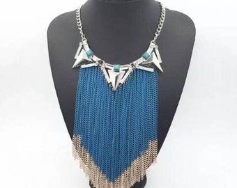 Blue fringe necklace, blue multistrand statement necklace, silver and blue bib necklace