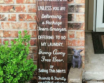 No soliciting unless you're giving away free beer - no solicitors sign - rustic reclaimed wood sign - no solicitation sign - manly sign