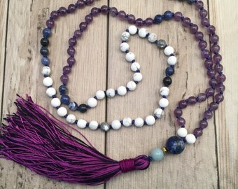 Amethyst Mala Bead Necklace/108 Mala Necklace/Howlite Mala/Mala Beads/Crown Chakra/Sobriety Mala/Hand knotted Mala/Silk Tassel Mala