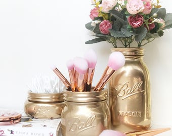 Gold Mason Jar, makeup brush holder, gold desk accessories, gold decor, metallic vase, desk tidy, pen pot, makeup storage, teen girl room