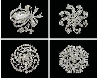 4 PC Large Silver Rhinestone Crystal Brooch - Bridal Wedding Bouquet Brooches - Mis Quince Bouquet Brooches - Unique Mixed Wedding Brooches