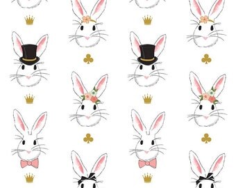 Bunny Main Sparkle in White Cotton Fabric from the Wonderland 2 Collection by Melissa Mortenson for Riley Blake Fabrics