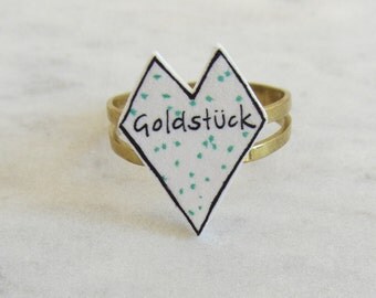 Ring filigree / heart/handmade/hand drawing/green/fresh/trend/gold/love/love/gold coin/friendship/affection/new
