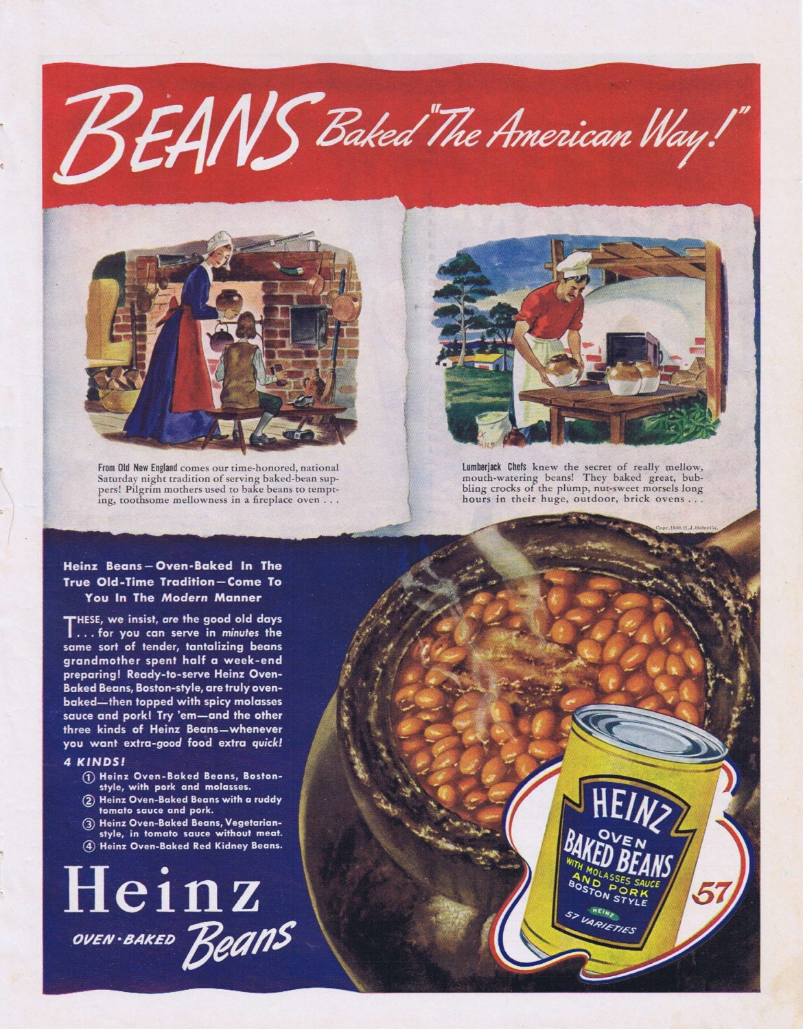1940 Heinz Oven Baked Beans Original Vintage Advertisement
