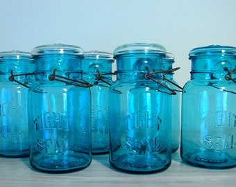 Set of 6 Vintage Blue Canning Jars