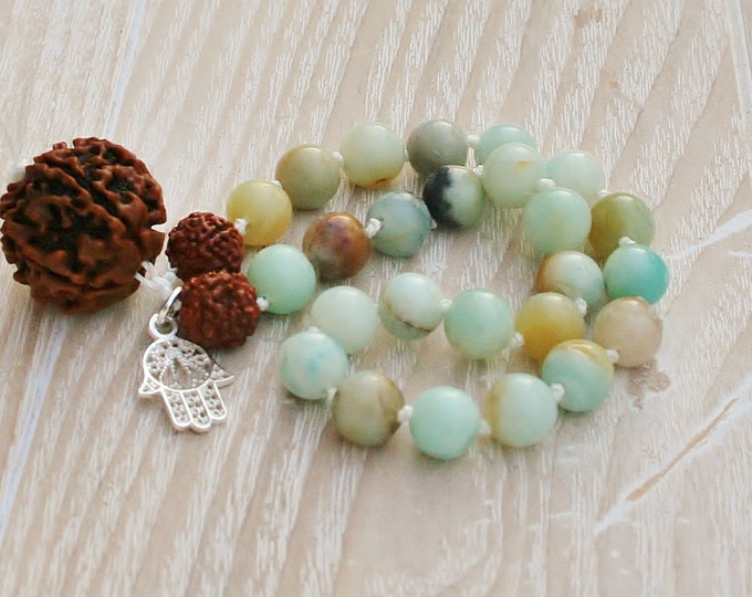 Hiresh small dark Mala, 27 + 1 Beads, Rudraksh Guru Bead, Hamsa Hand, Japa Mala, Jewels, Yoga, Yoga Yoga Mala Gift