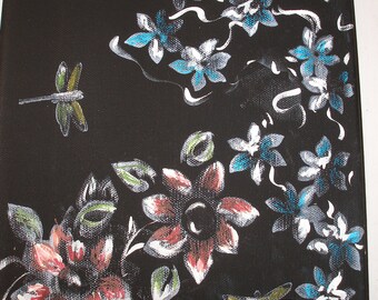 8X10 BLACK CANVAS Handpainted Flowers Dragonflies Acrylics