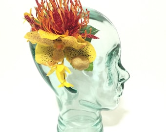Yellow vanda orchid, needle protea tiki tropical flower hair clip with seashells tiki oasis
