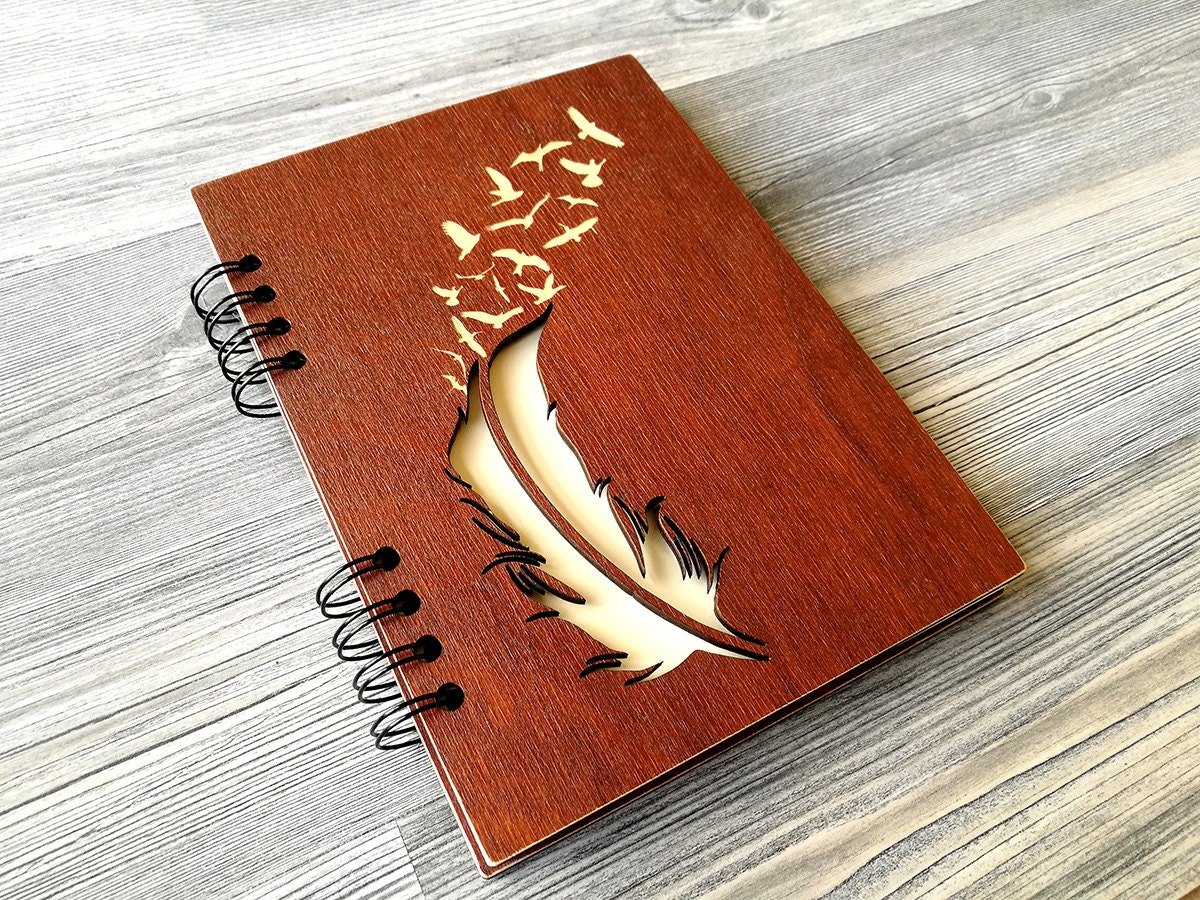 Wooden Notebook Feather Birds Wood Journal A5 Wood Cover