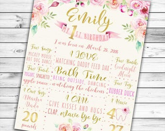 Pink and Gold First Birthday Poster, Pink and Gold First Birthday Board, Girl First Birthday Poster, Floral Birthday Poster, Birthday Board