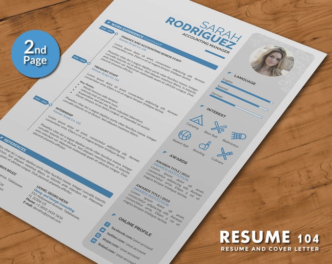 Professional Resume Template, 3 Pages Word Resume Design with Cover Letter, Modern and Creative CV Template in 5 Colors | Resume 104