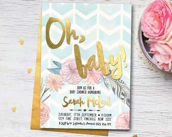 Boho baby shower invitation, baby shower invitation, unisex baby shower invitation, faux gold, printable invite, digital invite (Sarah)