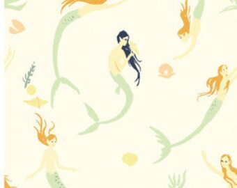 Mermaid Fabric | Birch Organic Fabrics | Mermaids | Pretty Pink | Cute Sea Print | Ocean | Water | Seashells | Pearls | Beach Decor