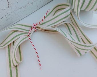 green and cream ticking stripe cotton ribbon