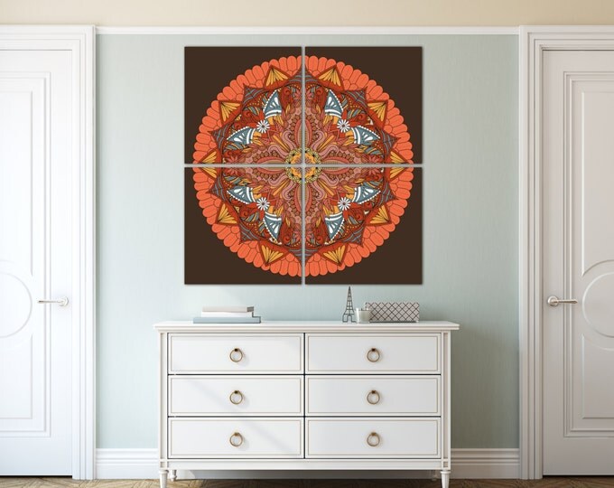 Abstract mandala art print bohemian decor for living room on canvas set, floral mandala wall decor spiritual art print, mandala wall art