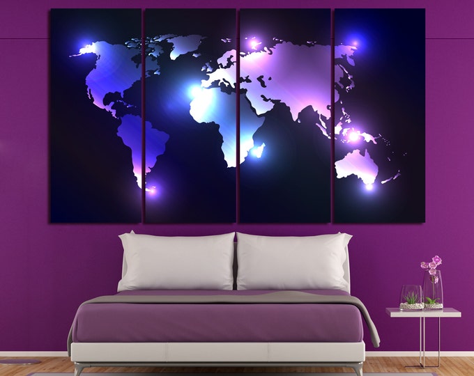 Large Modern Neon light World Map Canvas Print \ 1,3,4 or 5 Panels on Canvas Wall Art for Home or Office Decoration & Interior design