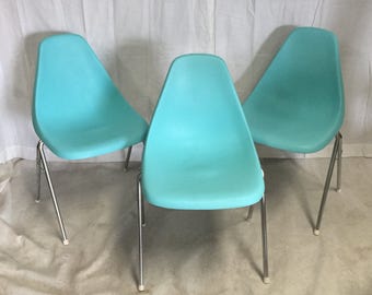 Vintage stacking chairs Set of three Midcentury molded plastic shell chairs Modern bucket shape Turquoise with chrome legs 1960s vintage Ea