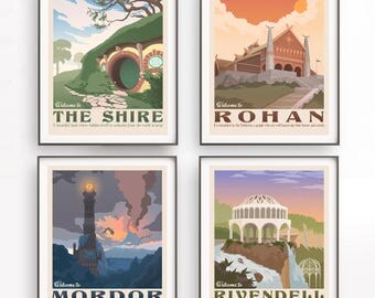 Set of 4 The Lord of the Rings poster. Tolkien wall art. Middle earth. The shire illustration. Retro travel poster. Mordor design. Rohan