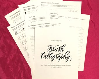 Printable Introduction to Brush Calligraphy Workbook Worksheets; Capitals, Lowercase, Numbers, and Punctuations