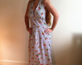 PRICE REDUCED!! Vintage Retro 60's/70's Handmade Halter Dress in Blue and White Ticking with Butterfly Print