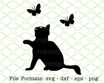 Cat SVG, Dxf, Eps & Png. Digital Cut Files for Cricut, Silhouette; Butterflies Svg, Cat Chasing Butterflies, Kitten Svg, Silhouette SVG