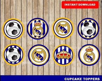 Real Madrid cupcakes toppers; printable Real Madrid toppers, Soccer party toppers instant download