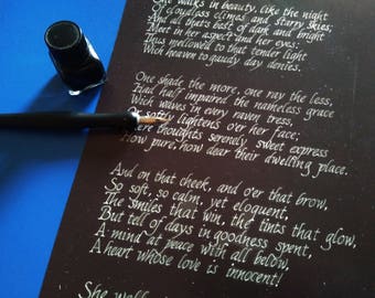 Lord Byron, She walks in beauty, print, calligraphy, handmade, lettering, limited edition, caligrafía, lámina, edición limitada, wallart,