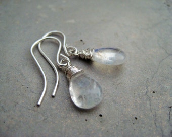 Rainbow moonstone earrings, wire wrapped moonstone earrings, June birthstone earrings, silver earrings, petite earrings, dainty earrings,