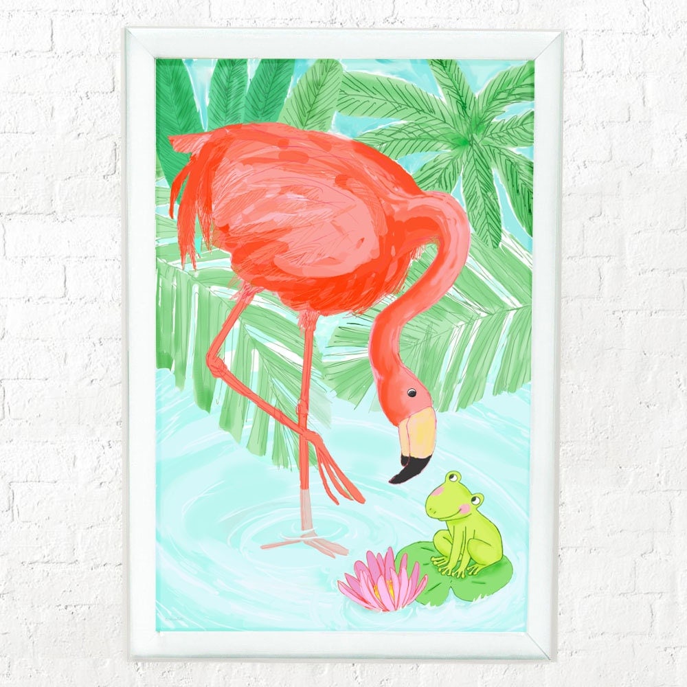 Pink flamingo and frog nursery decor art for kids room