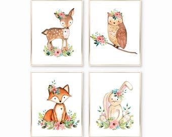 Digital Nursery Prints. Instant Download Nursery Art. Baby Girl Pictures. Baby Girl Art. Watercolor Woodland Animals. Floral Watercolor Art