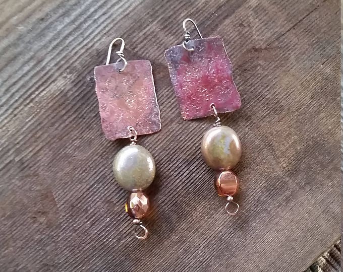 Handcrafted Copper Squares Embellished with Copper Colored Beads and Sterling Ear Wires