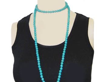 Turquoise Double Wrap Beaded Necklace, Turquoise Beaded Long Necklace