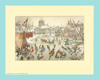 1971 - 9" x 7" Anton Pieck Vintage Dutch Holland Netherlands Skating Scene Print - Mint