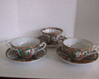 Rose Medallion 2 handled cups with saucers Vintage Asian